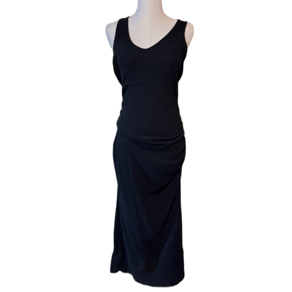 Michael Stars Black Maxi Dress Women’s Medium Ruched Fitted Sleeveless Classic